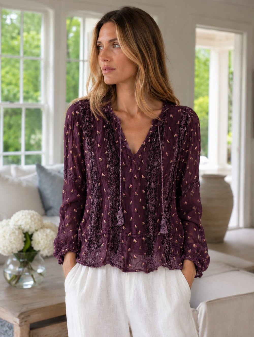 Ulla Johnson Plum Ditsy Floral Smocked Tassel Blouse size 4